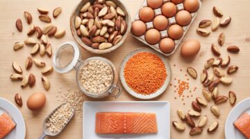 Selenreiche Lebensmittel von oben: Paranüsse, Eier, Haferflocken, rote Linsen und Lachs auf einem Holztisch