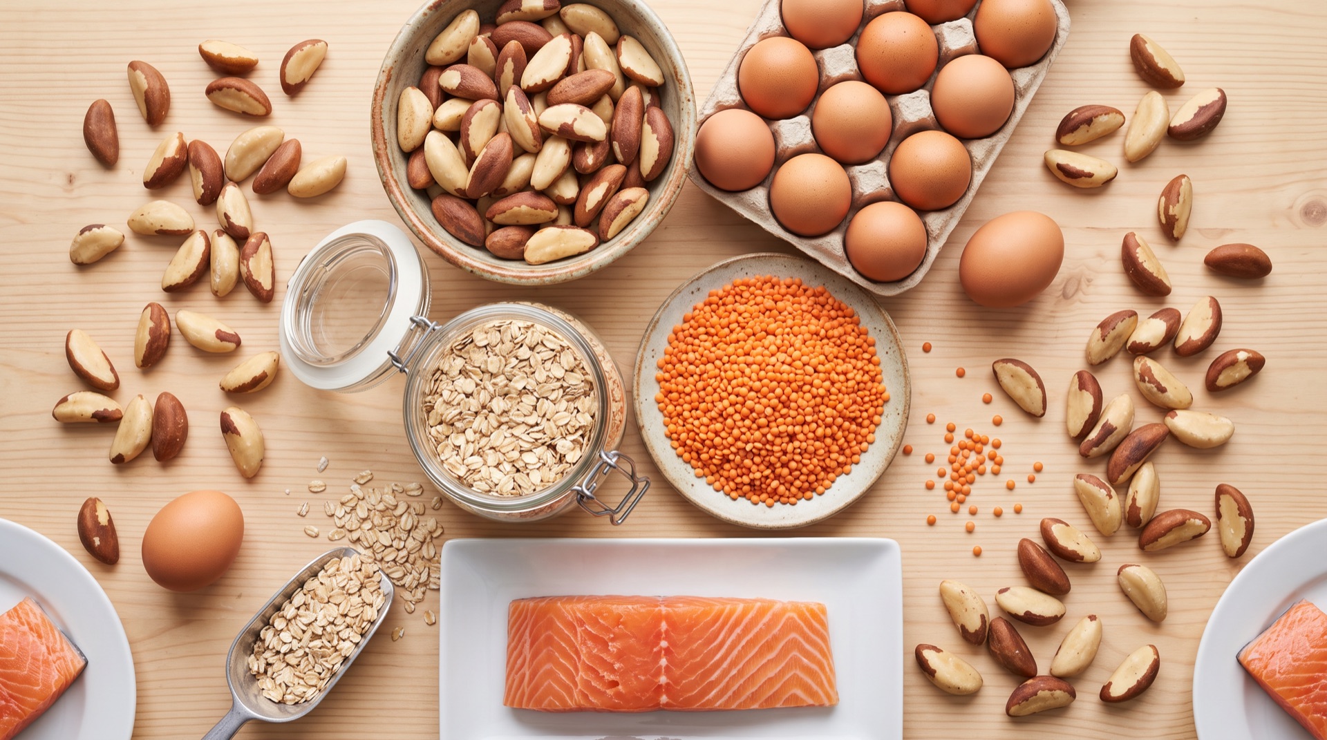 Selenreiche Lebensmittel von oben: Paranüsse, Eier, Haferflocken, rote Linsen und Lachs auf einem Holztisch